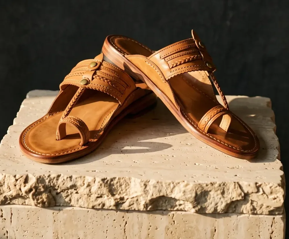 Close-up of leather sandals resting on a rough travertine pedestal against a dark backdrop
