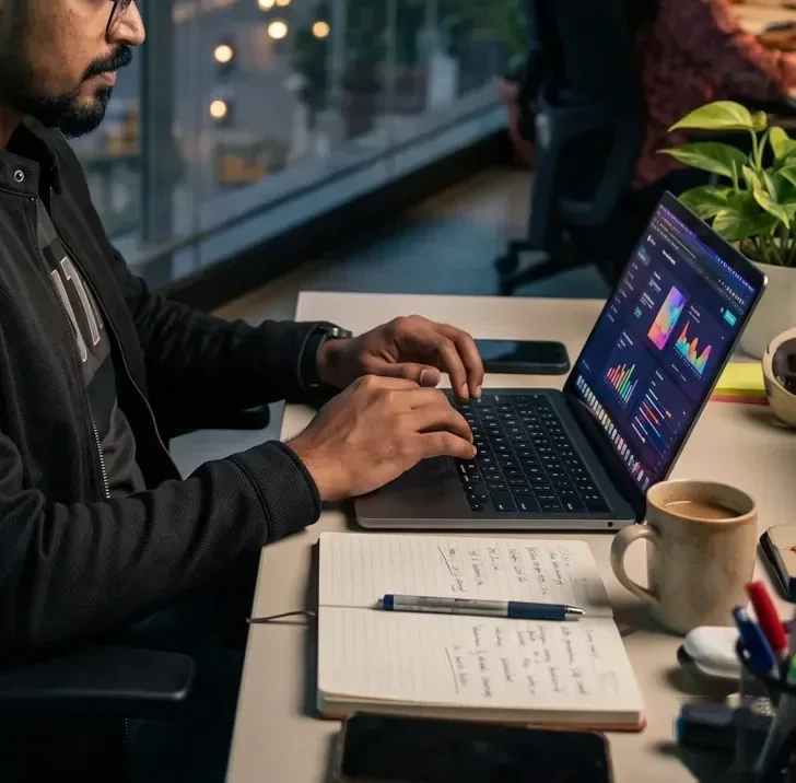Close-up of a marketer working on a laptop at a desk in an evening office, AtherFlow Chennai