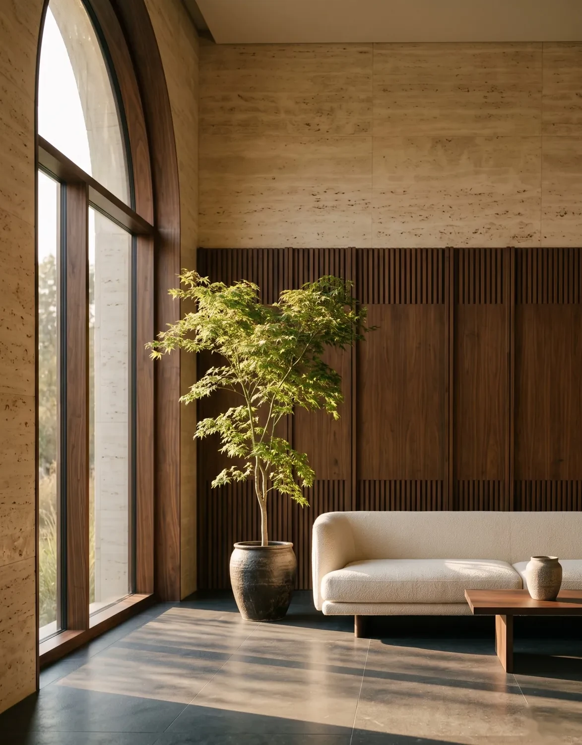 Minimal office interior with arched windows, warm timber panelling and green plants, styled for a premium agency brand