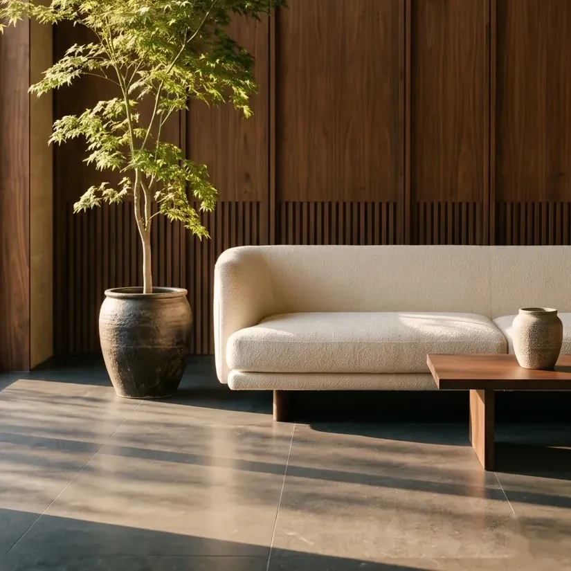 Detail of a minimal office corner with a plant, sofa and warm wood wall, AtherFlow Chennai