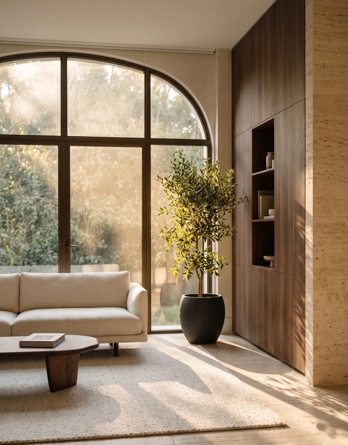 Modern agency studio with a cream sofa, an olive tree and golden afternoon light across a woven rug