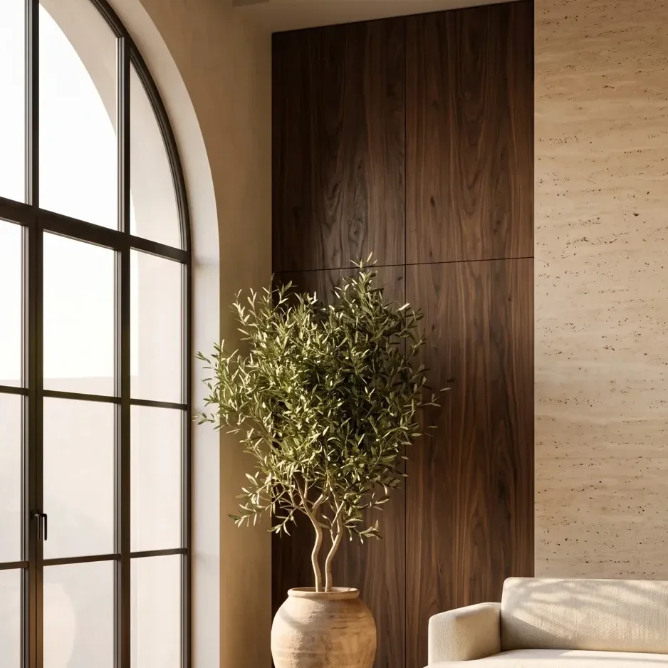 Detail of a neutral studio window with a potted plant and soft daylight, AtherFlow Chennai