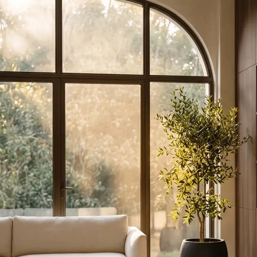 Detail of an olive tree beside a large window Detail of an olive tree beside a large window with golden light in a studio, AtherFlow Chennai