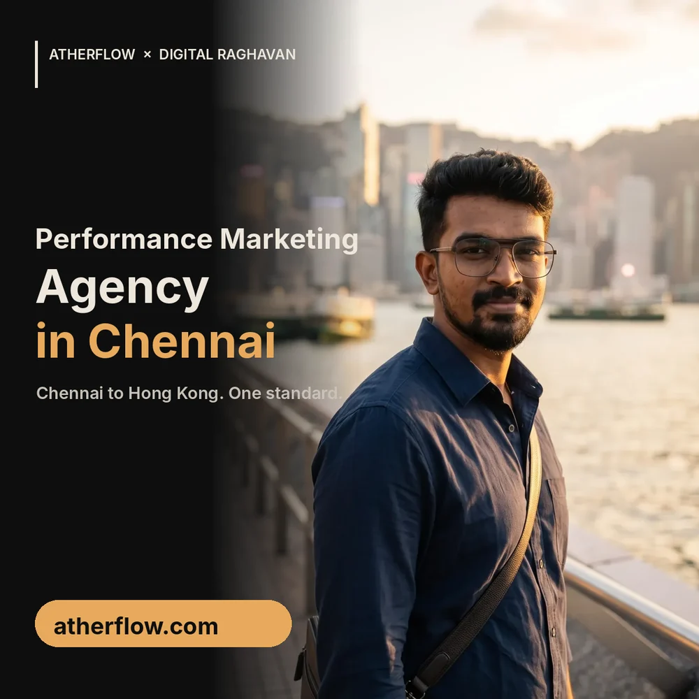 Performance marketing agency in Chennai banner with founder Veera Raghavan at Victoria Harbour Hong Kong