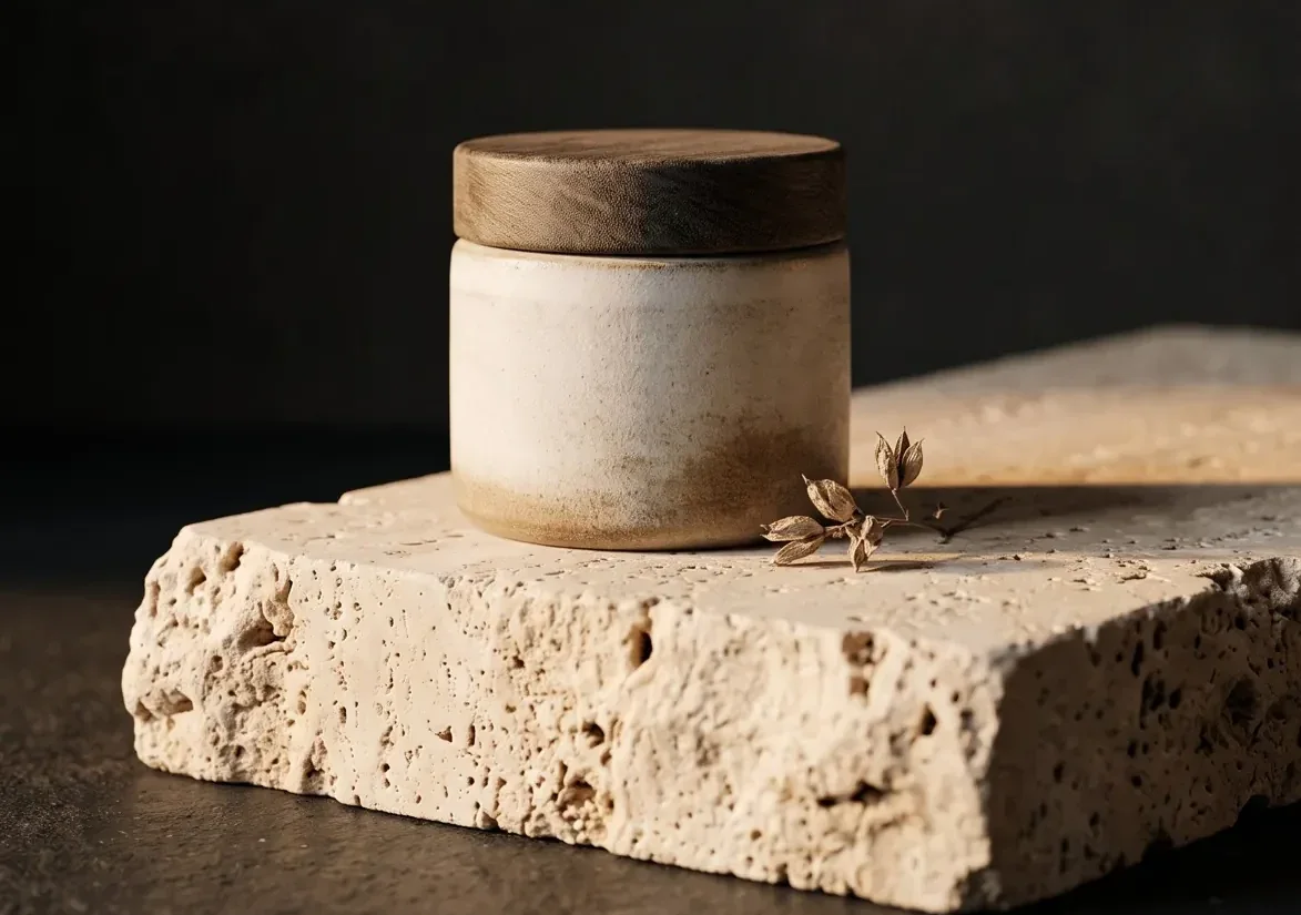 Wide crop of a skincare jar on a travertine slab, product photography for beauty brands