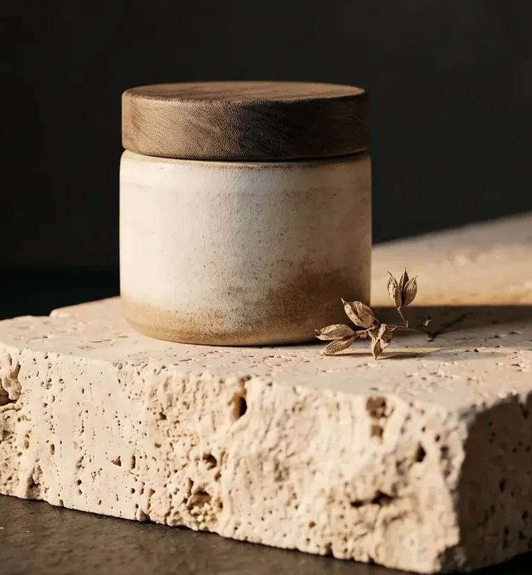 Close-up of a ceramic skincare jar on rough travertine stone Close-up of a ceramic skincare jar on rough travertine stone with a dried sprig, AtherFlow Chennai
