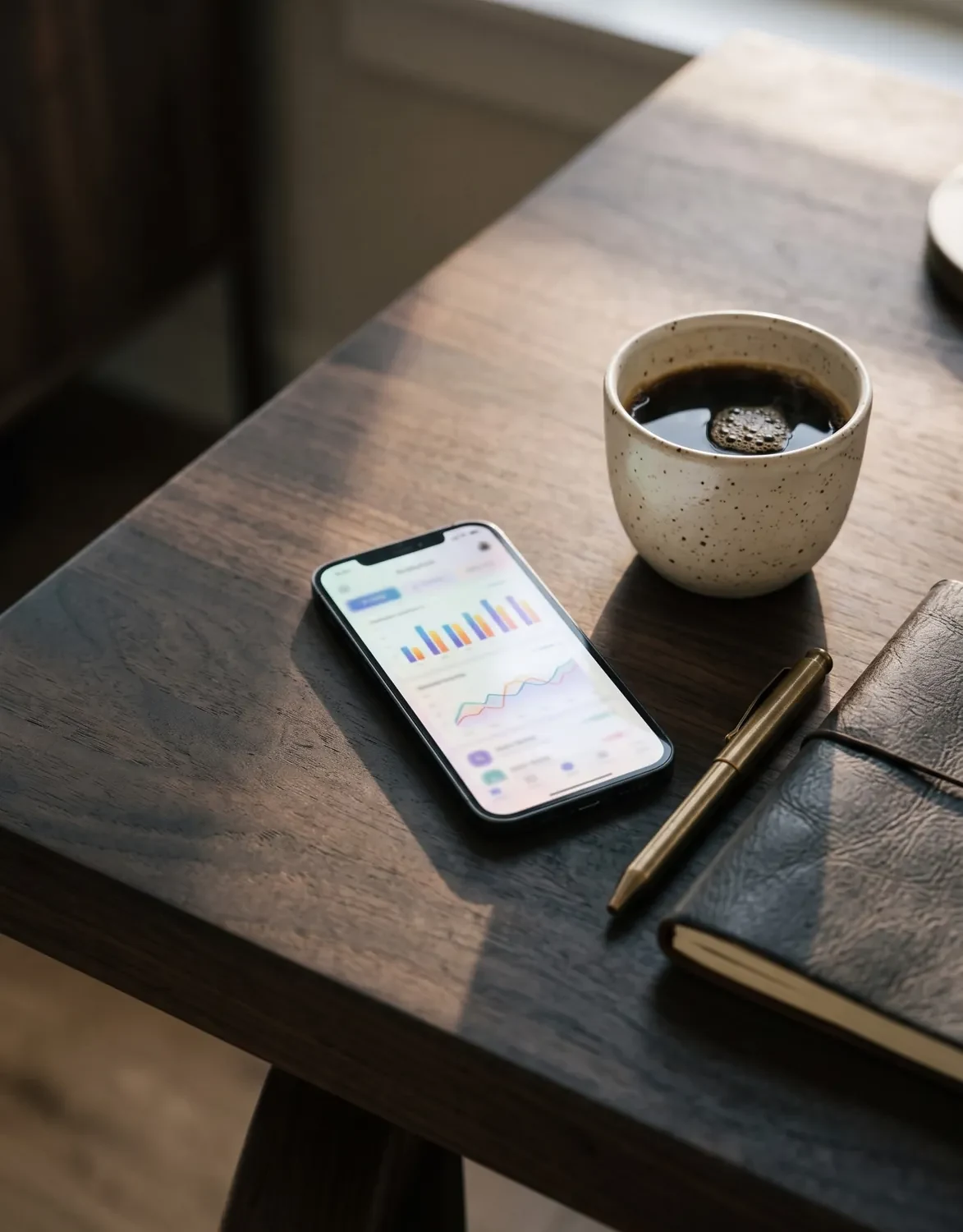 Smartphone showing a social media ads dashboard on a wooden desk next to a ceramic coffee cup, notebook and brass pen