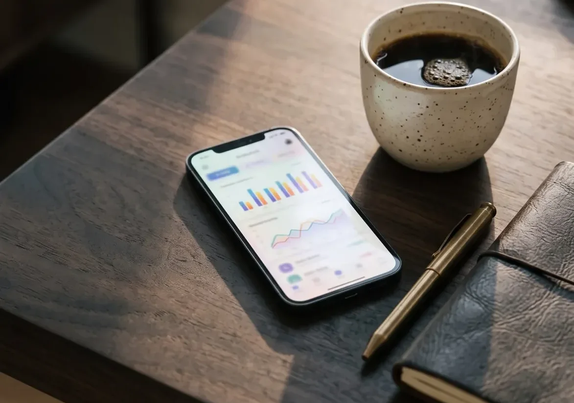 Wide crop of a smartphone showing a social ads dashboard on a wooden desk, AtherFlow Chennai