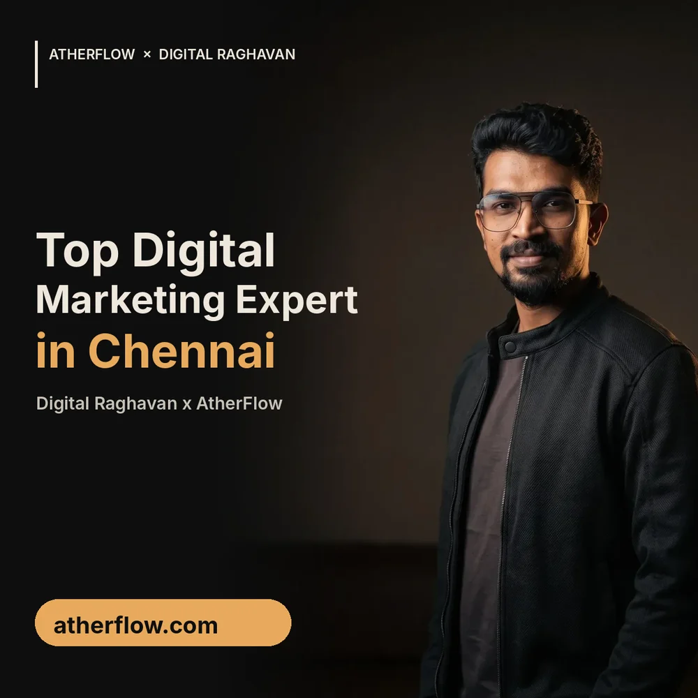 Top digital marketing expert in Chennai banner with Digital Raghavan in a dark studio portrait