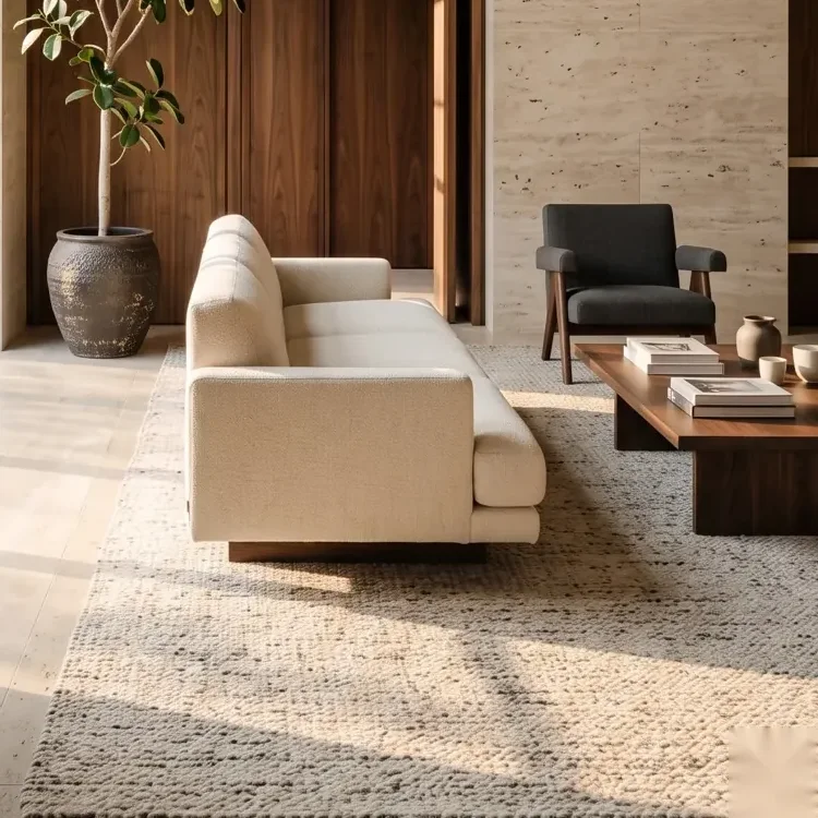 Detail of a travertine studio with a cream sofa and an olive tree, AtherFlow Chennai