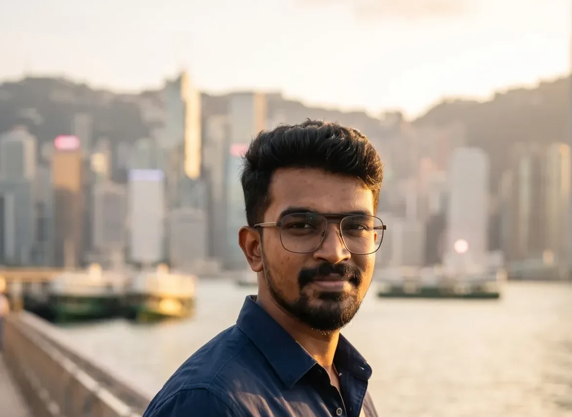 Wide crop of the Victoria Harbour promenade and Hong Kong skyline in warm haze, AtherFlow Chennai