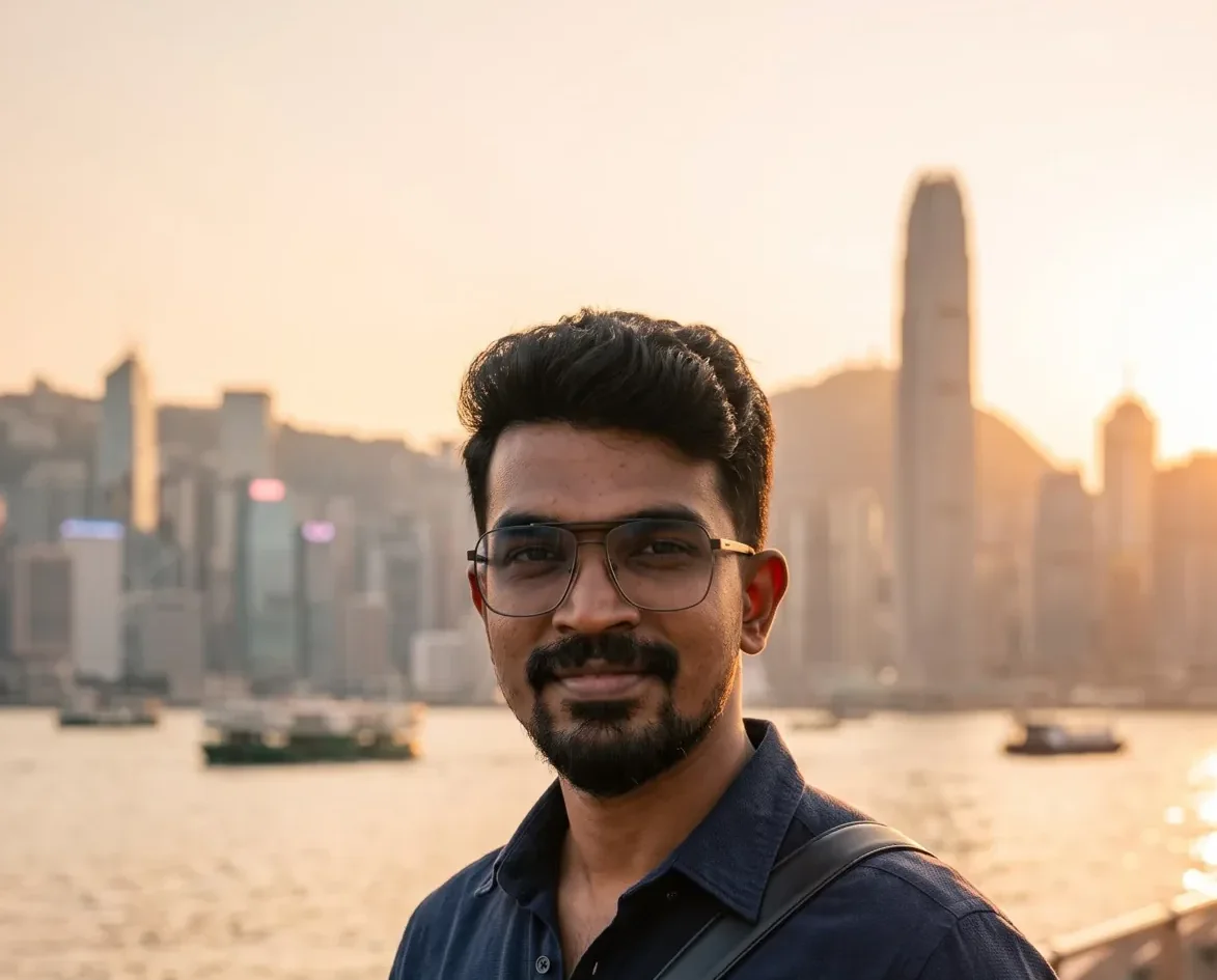 Wide sunset view of the Victoria Harbour skyline with the founder at the railing