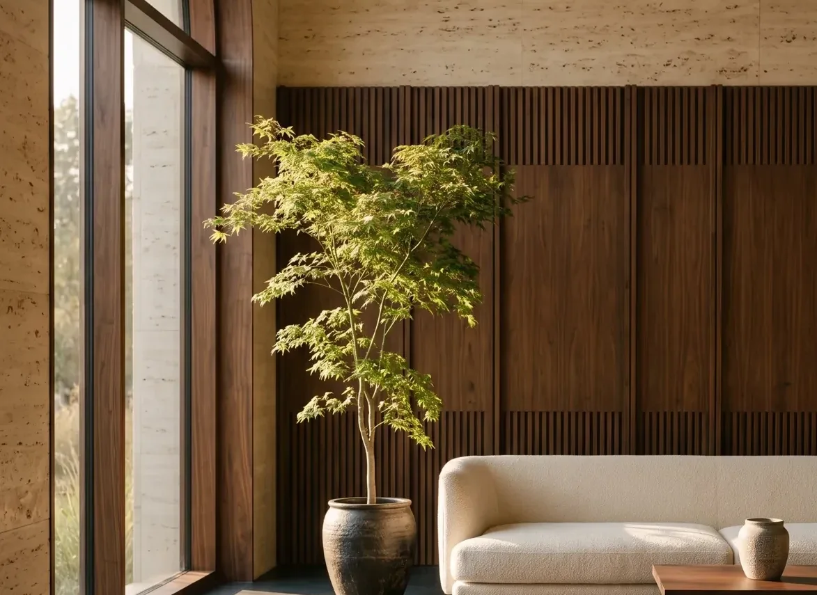 Wide crop of an office Wide crop of an office with arched windows, warm wood panelling and a plant, AtherFlow Chennai