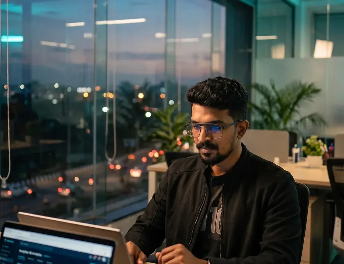 Wide view of a web design founder at a desk Wide view of a web design founder at a desk with a laptop and analytics in a city office