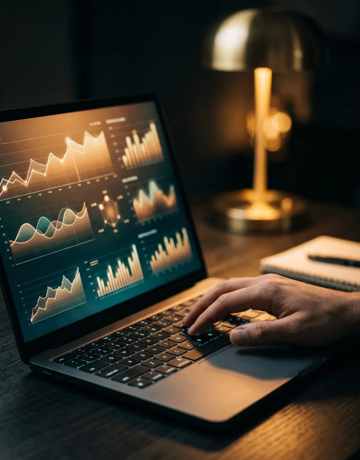 Website analytics and conversion tracking charts on a laptop screen with a warm lamp glowing on a dark desk