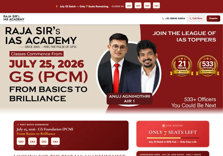 Real client website built by AtherFlow for Raja Sir's Cracking IAS Academy in Chennai, shown in a live browser view